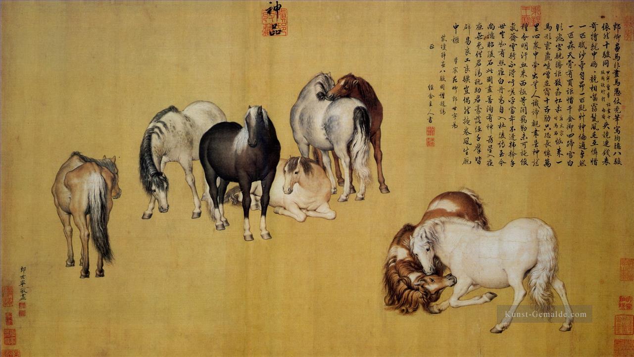 Lang glänzt acht Pferde alte China Tinte Giuseppe Castiglione Ölgemälde